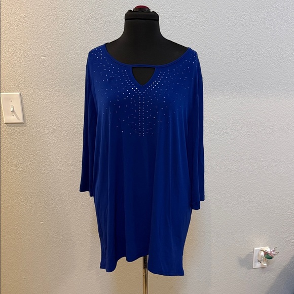 Catherines Tops - Catherines Royal Blue Long Sleeve Keyhole Top with Rhinestones